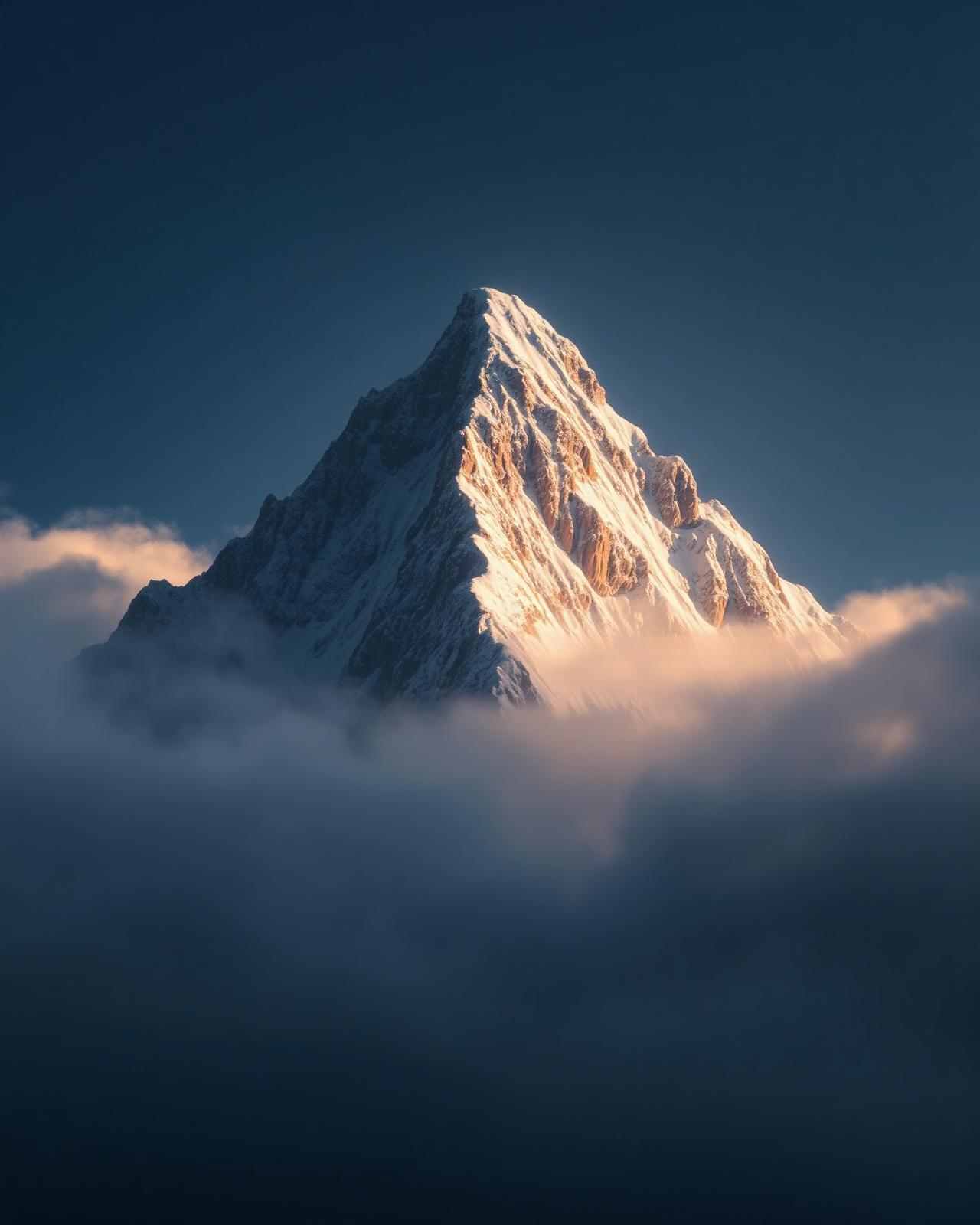 Sharp alpine peak piercing the clouds at golden hour