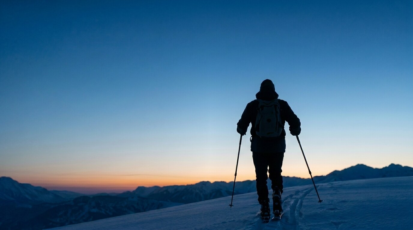 Solitary skitourer ascending a snowfield against a twilight sky